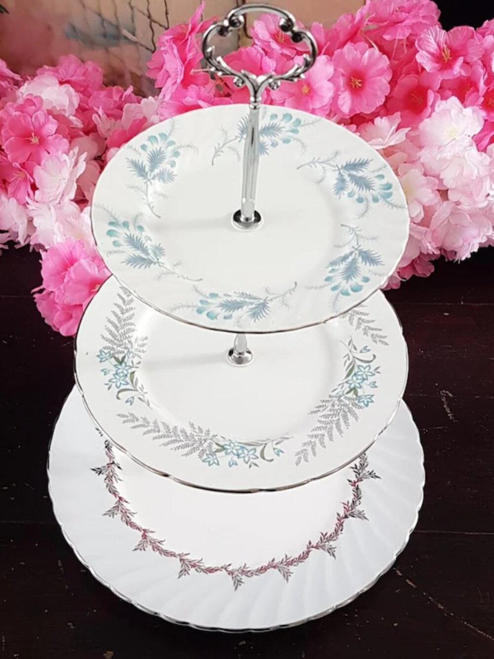 Handmade Bone China 3-Tier Cake Stand: Gray & Silver Vintage English Plates